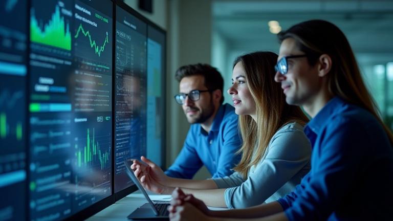 Diverse Gruppe von Personen betrachtet selbstbewusst Finanzdiagramme und Dashboards auf einer Online-Plattform von WealthWise Financial Literacy