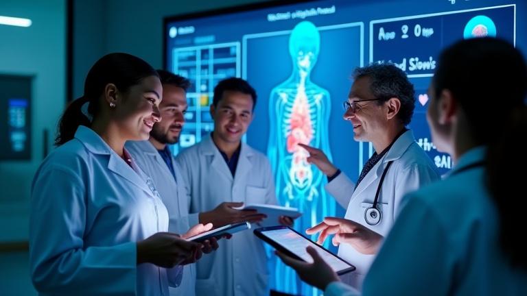 Medizinisches Fachpersonal nutzt eine interaktive 3D-Simulation auf einem Tablet, um komplexe chirurgische Verfahren für das Medical Training Institute zu erlernen