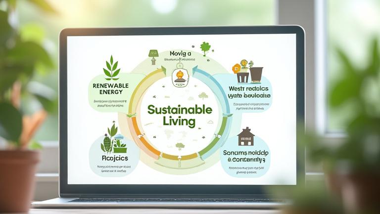 Infografik zeigt vernetzte Elemente nachhaltigen Lebens wie erneuerbare Energie, Abfallreduzierung und umweltfreundliche Praktiken in einem E-Learning-Modul für das Sustainable Living Institute