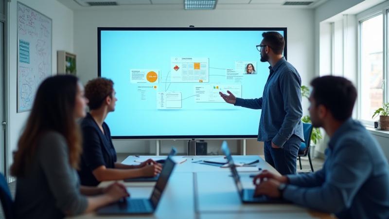 Team che collabora allo sviluppo di un corso online, osservando un wireframe digitale