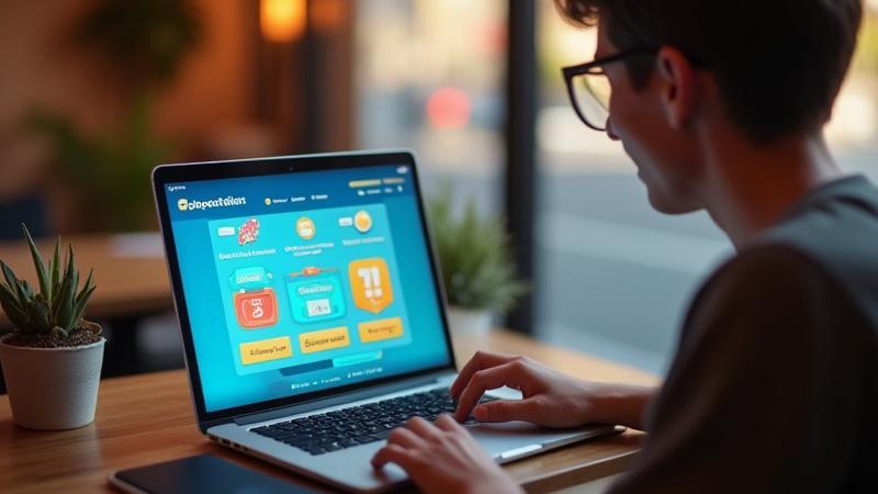 Studente che lavora su un laptop con contenuti interattivi, mostrando elementi di quiz gamificati