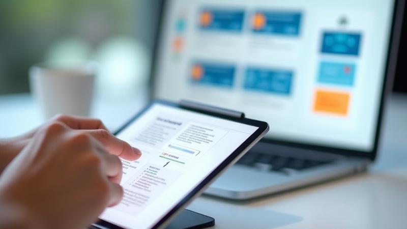 Designer che lavora sull'interfaccia utente di una piattaforma di apprendimento su un tablet, mostrando wireframe e flussi utente